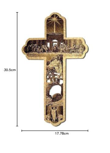 Incredible Gifts India Engraved Jesus Christ Story on Wooden Cross for Christmas Decorations (MDF Wood, 30.5 x 17.8 cm), Wall Hanging