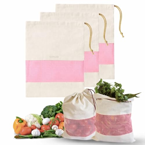Image of Solitude Set of 3 Cotton Vegetable Bags Fridge Storage Bag Sabji Fruits Pouch Refrigerator Produce Muslin Reusable Washable & Multipurpose use Cloth Bags with Drawstrings