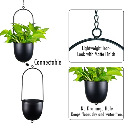 Image of Metal Hanging Planters Set of 2 with 6 Inch Oval Pots - Stackable and Connectable Plant Hangers - Black Modular Wall and Ceiling Mount Holders for Indoor and Houseplants