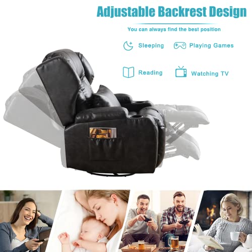 Etageria Swivel Recliner Nursery Rocking Chairs 360°, Manual Glider Recliner Chairs For Living Room,Upholstered Swivel Single Sofa Seat With Cup Holders, Side Pockets, Leather #TOP5