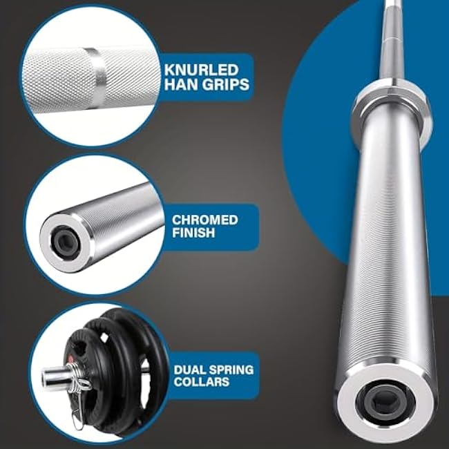 7ft Olympic Barbell for Strength and Weightlifting Training - 2 Inch Diameter Olympic Bar for Squat, Deadlift, Curl, Bench Press, Overhead Press - 700lbs Capacity with 2 Collars, Chrome