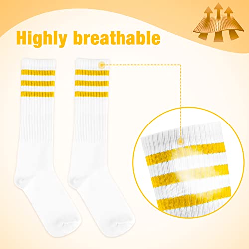ONUPGO 5 Pieces Striped Sweatbands and Socks Set Sports Striped Headband Wristbands Sweatbands Striped High Sock for Men Women Sports and 80s Party (Yellow/White/Yellow) - Image 3