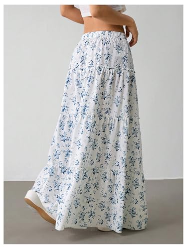 Women's Floral Maxi Skirt Boho Tiered Elastic Waist Pleated Flowy Vacation Skirts2