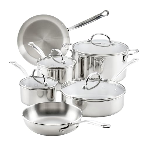Farberware Millennium Stainless Steel Pots and Pans with Lids, Induction Ready, Compatible with All Cooktops, Metal Utensil Safe, 10 Piece Cookware Set, Dishwasher Safe - Stainless Steel