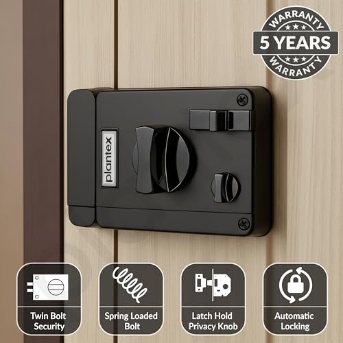 Image of Plantex Heavy Duty Door Lock with 5 Years Warranty /Night Latch Lock with Key & Knob for Main Door /Tribolt Lock for Inside Opening for Home,Hotel,Office - Pack of 1 (Z-Black)