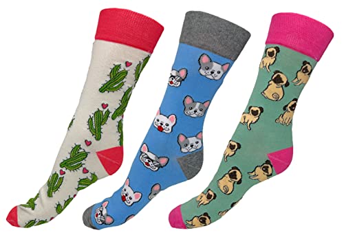 3 Paar Crazy Socks Verrückte Socken bunte Motiv, Witzige Strümpfe für Individualisten, Unisex Dogge-Mops-Kaktus 36-41 Cover