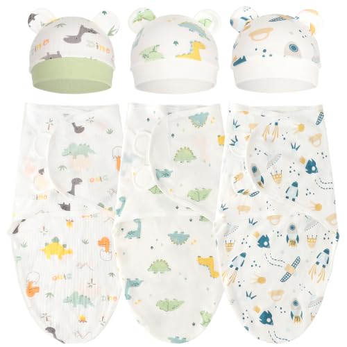 Image of DRESHOW BQUBO 3 Pack Newborn Baby Swaddle Blanket with Hats Infant Adjustable Velcro Swaddling Wraps with Bear Ears Cap for 6-12 Lbs Newborns & 0-3 Months Girls Boys