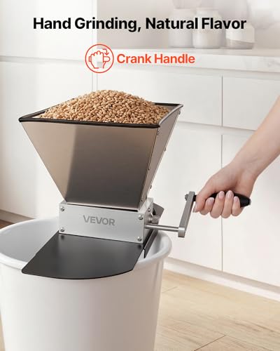 Image of VEVOR Manual Grain Mill, Homebrew Malt Grinder, Adjustable Barley Mill Crusher for Wheat Beer Brewing - with 2 Stainless Steel Rollers, 1.06 Gallon Hopper & Metal Base Plate