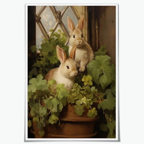 Cottagecore Spring Wall Art Bunnies In The Hutch Print Poster Easter Canvas Art Baby Nursery Painting Rustic Farmhouse Decor 24x36inch Unframed