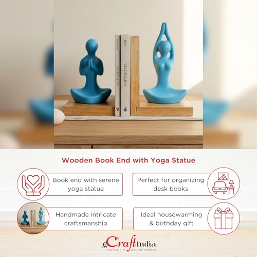 Image of eCraftIndia Wooden Book End and Yoga Statues Showpiece for Home Decor Office Table | Gift for Housewarming Birthday
