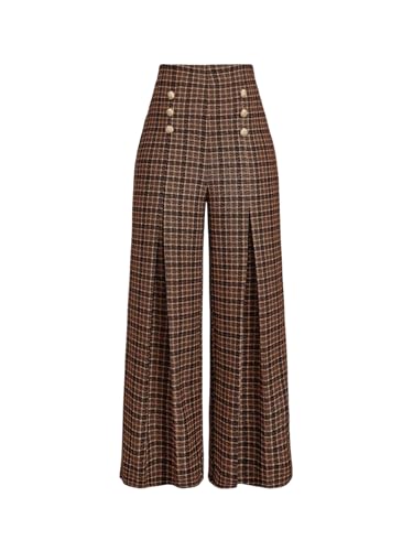 SOLY HUX Womens Plus Size Plaid Pants High Waisted Wide Leg Pants Work Office Trousers Brown Plaid X-Large Plus