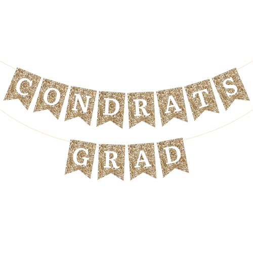 Image of Gold Congrats Grad Banner Garland, No DIY Required Pre-Strung Glitter Graduation Banners, Grad Congrats Class of 2026 Party Decorations for Graduation Party Supplies (Congrats Grad Banner)