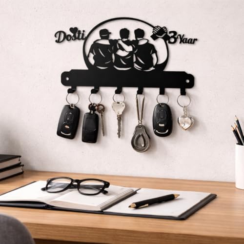 Image of Metal Dosti Key Holder Wall Mount | 7 Hooks Key Hanger No Drill | Decorative Friendship Design Key Rack for Home Entryway Kitchen | Wall Hook Organizer