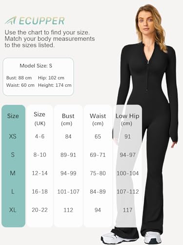 ECUPPER Womens Long Sleeve Yoga Jumpsuit Zip Up Gym Unitard Full Length Bodysuit Flared One Piece Romper Black S - Image 5