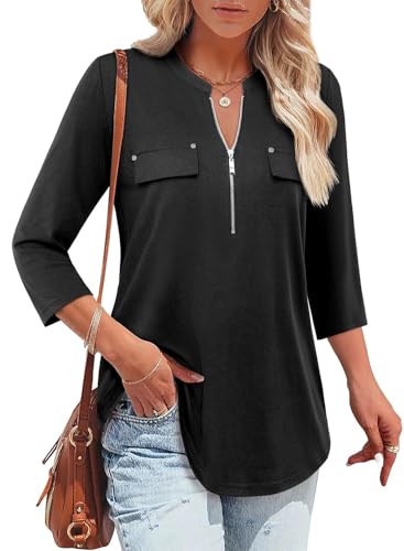 Work Clothes for Women Office,Business Casual Ladies Professional Tops 3 4 Sleeve V Neck Oversized Zipper Breathable Soft Blouses with Leggings Formal Work Office Professional Interview, Black, L