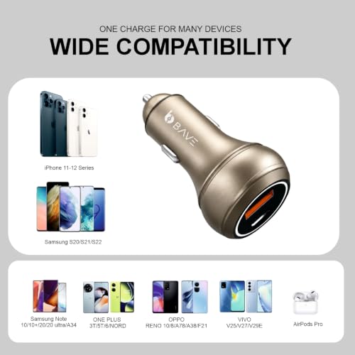 Image of BAVE 145W Flash Charge 100W Supervooc +45W Pd /Pps Car Charger, Bis Certified, Dual Port Fast Smart Car Charger, Compatible with Smartphones, Laptops, USB Devices +USB C Cable (Beige)