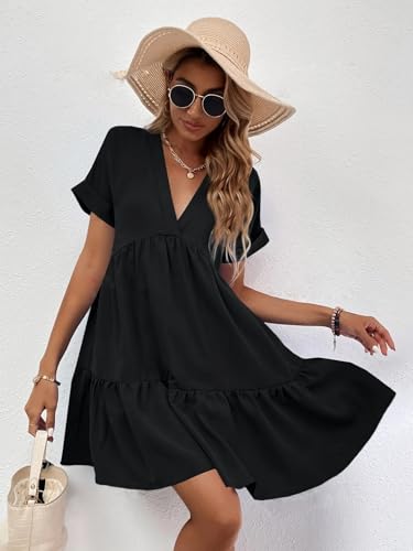 Image of Women's Elegant Floral Dress Coll. (All-Seasons) - Sleeveless /Short /Midi, V-Neck Ruffle, Fashion Casual Party Dresses