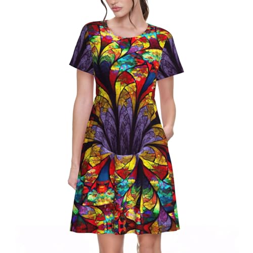 Robe d'été élégante à manches courtes avec imprimé fleurs et vitrail unique