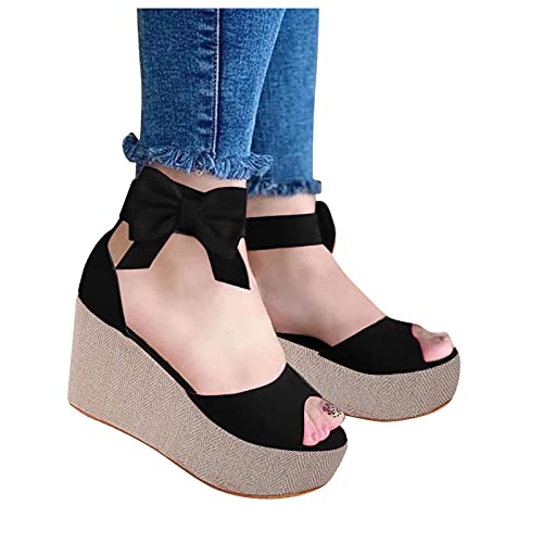 Aniywn Women s Ankle Bowknot Wedge Heel Sandals,High Platform Wedge Sandals Peep Toe Pump Sandals for Women Ladies Black