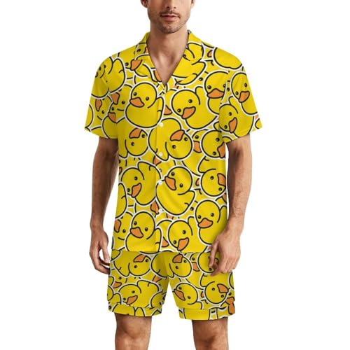 Cute Yellow Rubber Ducky Men‘s Short Sleeve Sleepwear Funny Pajamas Sets Button Down Shirts and Bottom Shorts Loungewear