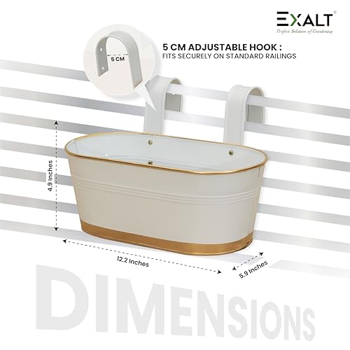Image of EXALT 12 inch Oval Metal Railing Planter Set Premium Anti-Rust Balcony Hanging Flower Pot Outdoor Indoor Decorative (White Gold Pack of 5)