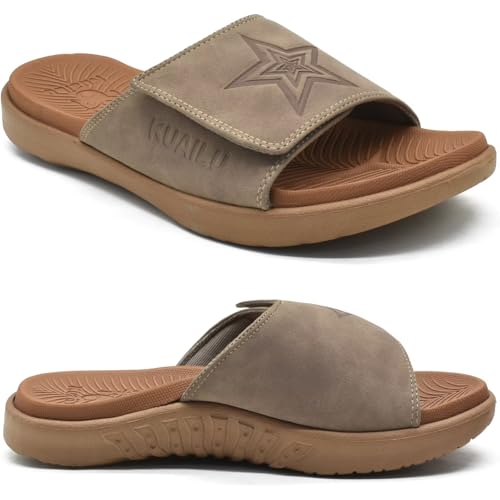 Image of KuaiLu Mens Atheletic Slides Wide Adjustable Arch Support Sport Sandals | Soft Cushioned Open Toe Summer Slippers for Plantar Fasciitis Slip On House Shoes Indoor Outdoor