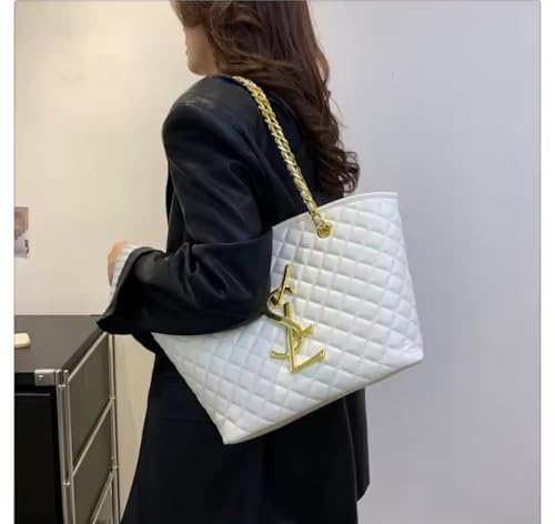 Luxury Quilted Tote Shoulder Bag with Gold Chain Strap – Large Capacity, Elegant White Handbag for Women2