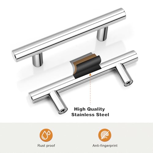 Image of Probrico 25 Pack 5 inch Kitchen Cabinet Handles Polished Chrome Drawer Pulls for Cabinet Door 3 inch Hole Centers, Euro T Bar Cabinet Pulls and Handles Stainless Steel Drawer Handles