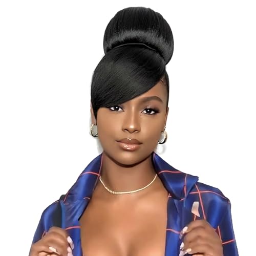 VAVANGA Extra Large Hair Bun and Bang Set 2pcs Black Bun N Bang Clip in Updo Hair Bride Chignon with Swoop Side Bangs Ponytail Hairpiece for Black Women Wedding Party