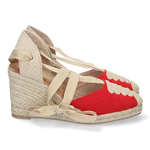shoes&blues.es 66057-Sandalia de Cuna para Mujer, Forrado de Yute, con Pala Cerrada, y Cierre de Cordones, Primavera Verano 2022. Talla 41 Rojo