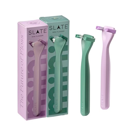 Slate Flosser Mini - Reusable Floss Pick with Gum Brush & Tongue Scraper Dentist-Invented PFAS/PTFE-Free Travel-Ready | Lilac & Mint Nano-Hydroxyapatite (nHa) Mini Flosser 2-Pack