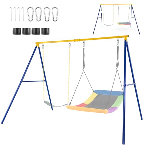 RELAX4LIFE Portique Balançoire Extérieur en Métal, Cadre de Balançoire Enfant en Forme A avec 4 Piquets de Terre, 4 Mousqueton, Deux sur la Balançoire Charge 300 KG...