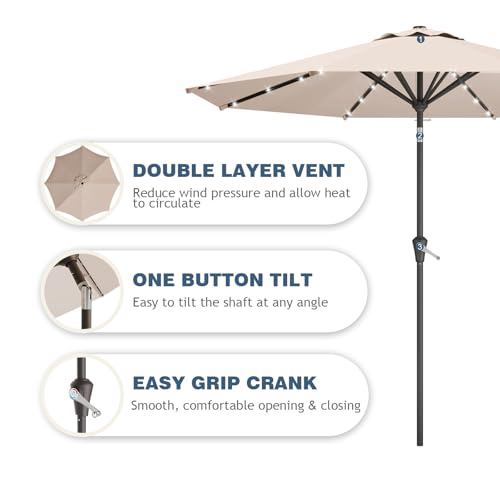 Image of 9FT Patio Umbrella with Solar Lights,Outdoor Market Umbrella with Tilt and Crank, LED Lighted Table Umbrella for Garden,Deck,Backyard,Pool,Beach (Beige)