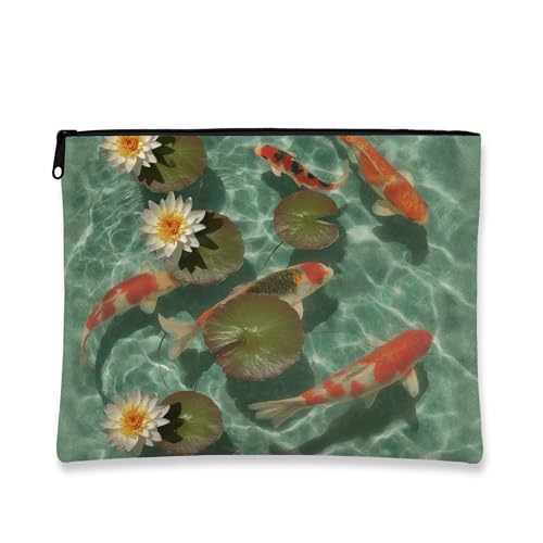 Bolsa de maquillaje de peces de carpa, bolsa de viaje para cosméticos con patrón de lirio de estanque, para mujeres, bolsa organizadora portátil de lona pequeña con cremallera, ideal para regalo de