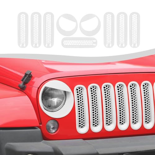 Image of Mesh Grille Grill Insert+Headlight Turn Light Cover Trim Fit for 2007-2018 Jeep Wrangler JK JKU(White,Style A)