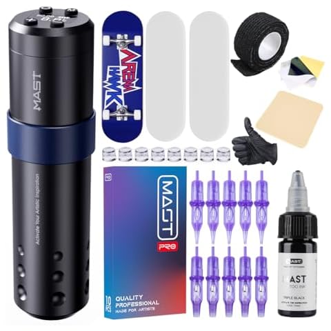 Mast Tattoo Kit, A3 Wireless Tattoo Gun Machine Kit, Complete Tattoo Kit, Finger Skate Practice Skin for Beginner, Tattoo Needles Cartridges Cover