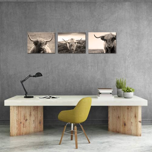 Yeilnm 3 Piece Animals Wall Art Highland Cow Picture Longhorn Cattle Photograph Canvas Prints Poster Beige Artwork Home Farmhouse Living Room Bedroom Decoration Framed Ready To Hang #TOP3