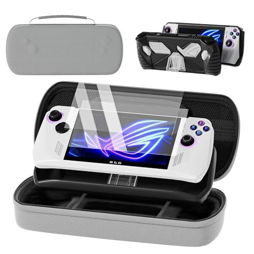 QUAGGY Designed Case for ASUS ROG Ally 2023 Large Carry Case Bag Perfect for Charger with Soft Silicone Protective Cover und 2 Pack Screen Protector Portable and Easy to Carry Grey