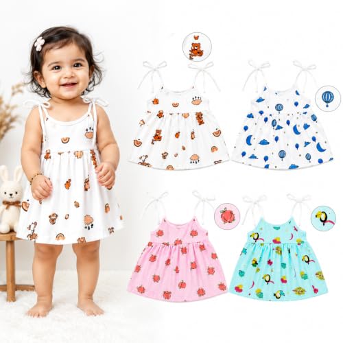Image of Muslin Frock for Baby Girls | Cotton Dress for Newborn Babies | Sleeveless, Tie-Up Shoulders Summer Wear Clothes | Girl dori jabla