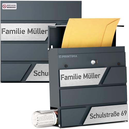 PRINTIMA Julia Gravur Briefkasten Anthrazit (RAL7016) mit Zeitungsfach:...