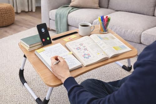 Image of MemeHo Multi-Purpose Foldable Laptop Table for Bed & Sofa | Portable Study Desk, Breakfast & Reading Table | Ergonomic Design, Non-Slip Legs | Fits up to 17 inch Laptop with Cup Holder (Wood)