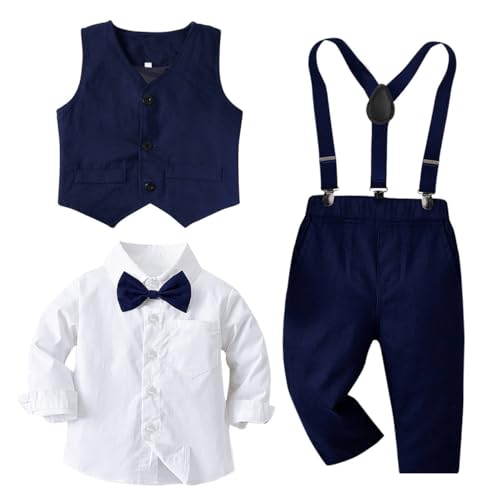 Toddler Baby Boy Clothes Suit 5Pcs Gentleman Wedding Party Outfits?Formal DressShirt+Bowtie+Vest+Suspender Pants,12M-5T Navy Blue