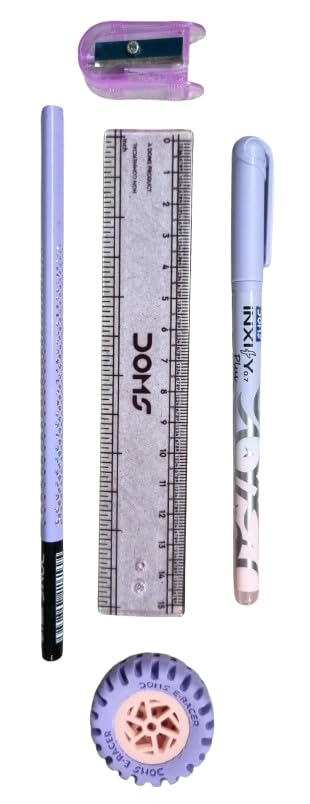 Doms All The Best Stationery Kit| Includes 1 Each- Inxify Plus Ballpen Blue Ink, 15 Cm. Scale, Triangle Pencil, Long Point Sharpener & Tyre Eraser| Exam Essential Kit For Children| Pack of 10 - Image 2 thumbnail