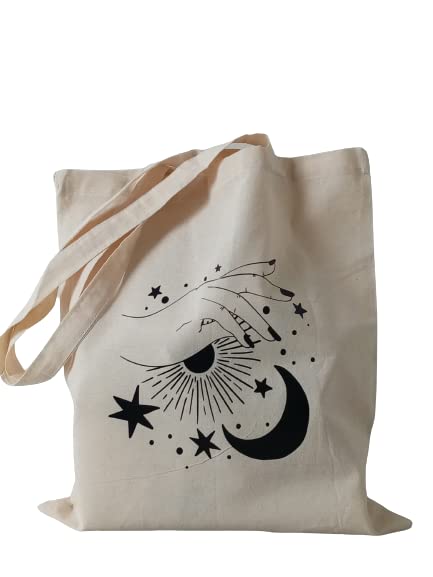 Tote-bag, fourre-tout * la main céleste * lune, étoiles, moderne, sac cabas, coton, Beige, femme, idée cadeau