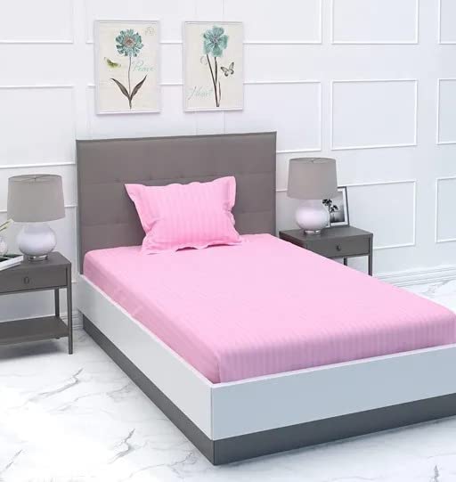 Victory Weaves All Rount Elastic Fitted Stripe Patteern Satin Fabric Single Bedsheet with 1 Pillow Cover-36 x 72 x 8 Inches