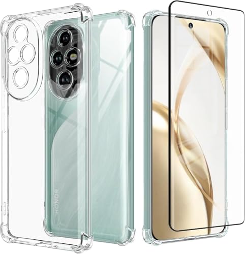 Cover Compatibile per Honor 200 con 1 Pellicola Vetro Temperato, Morbido Silicone ed Antiurto Protettivo Bumper TPU Gel Smartphone Custodia Case - Trasparente