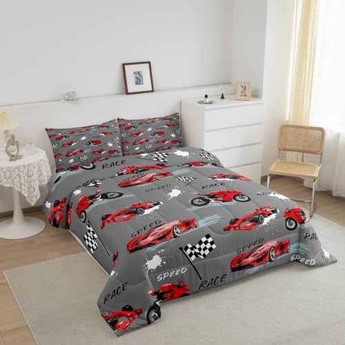 Feelyou Kids Red Grey Race Car Comforter Set Twin Size for Boys Girls — view 2