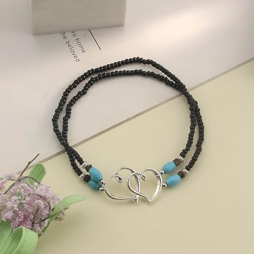 Image of Elastic Beaded Ankle Bracelets for Women Double Heart Layered Stretch Ankle Bracelets Waterproof Dainty Boho Beaded Anklets for Summer Beach Foot Jewelry