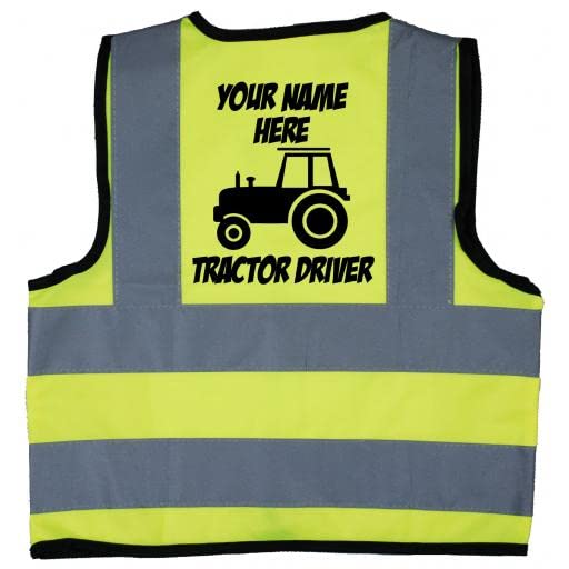 Personalised Tractor Driver Baby, Toddler, Children, Kids Hi Vis Safety Jacket Vest Size 4-6 Years Yellow Optional Text On Front