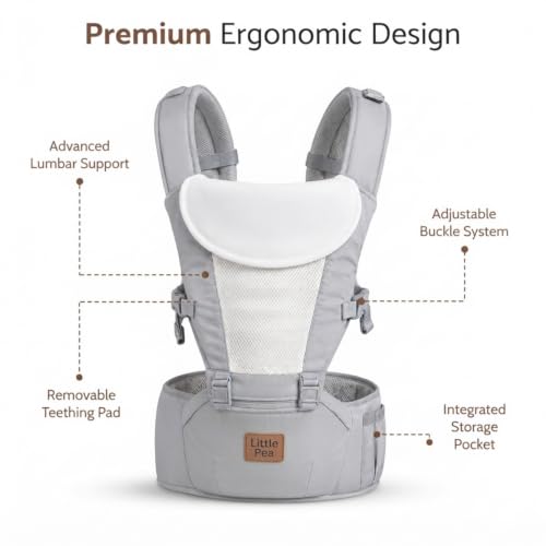 Image of Little Pea 5-in-1 Baby Carrier with Detachable Hip Seat | Adjustable with Padded Shoulder Straps, Waist Support & 5 Carry Positions | Baby Carrier for 4 Months to 3 Years, Grey